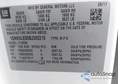 2011 Chevrolet Traverse Ltz z USA, uszkodzony, nr VIN 1GNKVLED6BJ382210